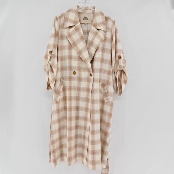 CARA SANTANA Jacket Womens Sz L She‎ Loves The Attention Plaid Print Trench Coat - Picture 2 of 15